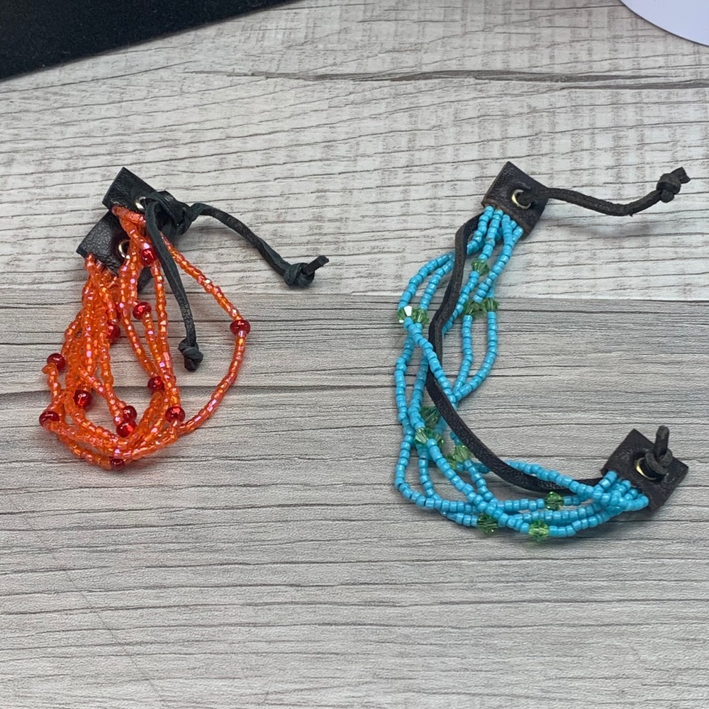 Handmade Multi Strand Seed Bead Leather Wrap Bracelets Orange Blue Set of 2